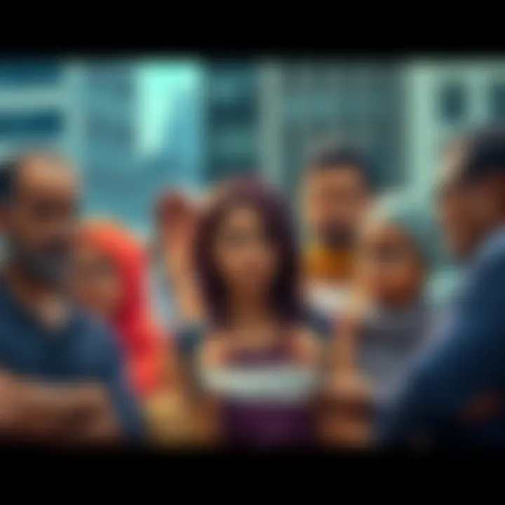 Group of diverse people looking worried while discussing finances in a city setting
