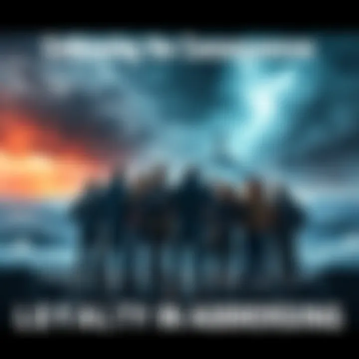 A group of people standing together, showing support amidst a stormy background, symbolizing loyalty and perseverance.