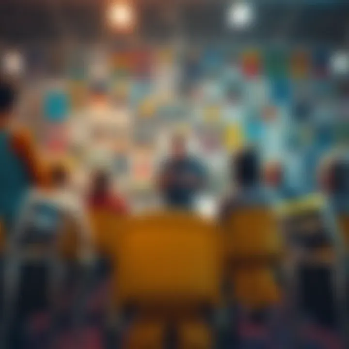 A group of people discussing their concerns about LRC with a backdrop of community posters and empty chairs, symbolizing the lack of leadership.