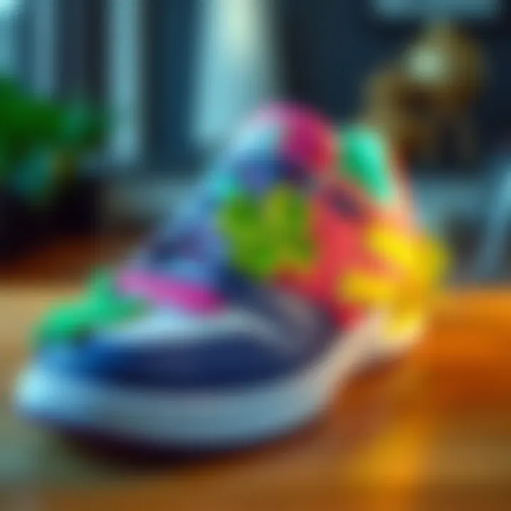 A colorful sneaker placed on a wooden surface, accompanied by a four-leaf clover to symbolize luck and positivity.