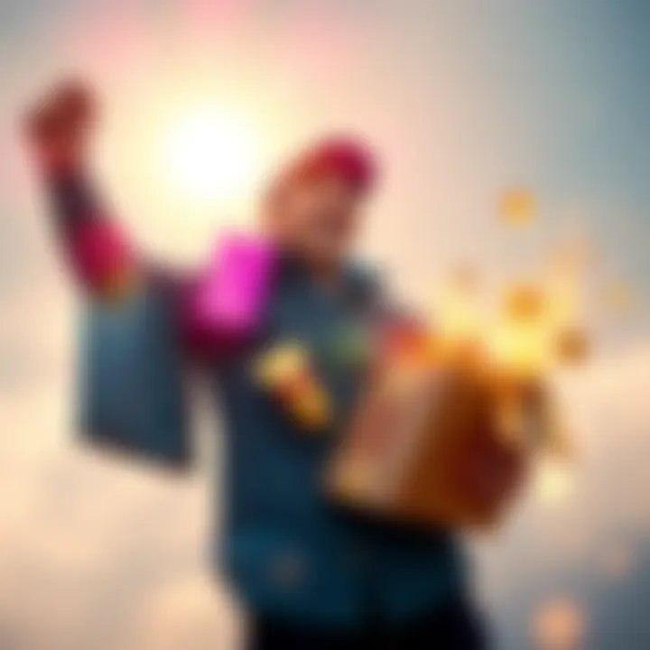 A person celebrating with three legendary items after opening parcels on a bright morning