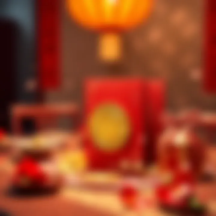 Lunar New Year Crypto Gift A red packet with a golden coin symbolizing cryptocurrency, placed on a festive table with Lunar New Year decorations and flowers.