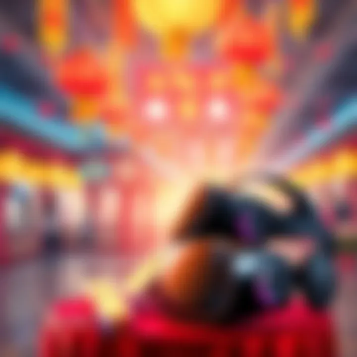 Colorful celebration scene for Lunar New Year with prizes like Gold Bars and Meta VR Headsets displayed