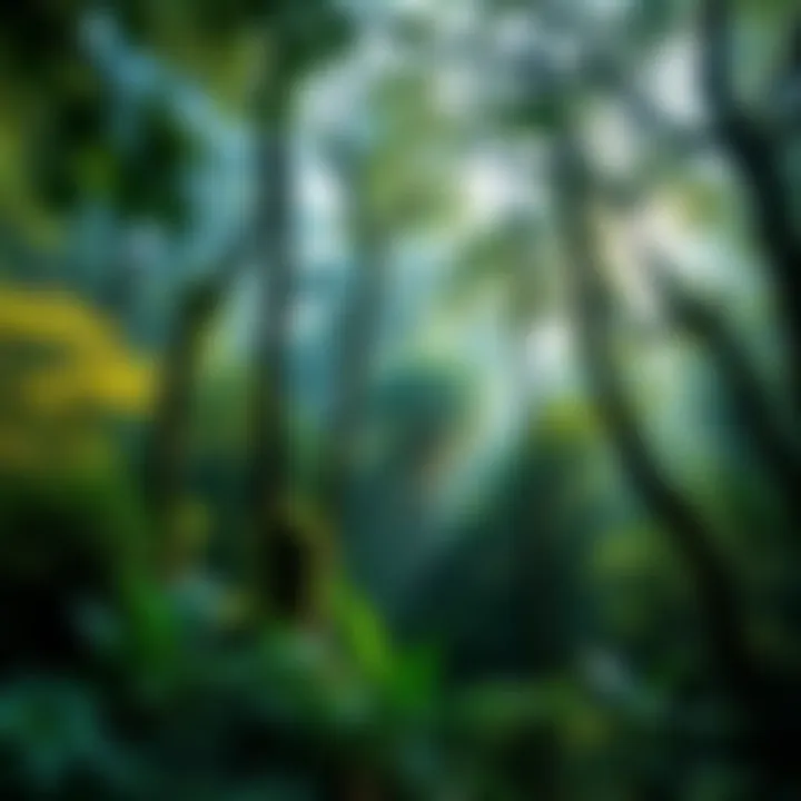 A peaceful green forest filled with vibrant trees and plants, inviting viewers to relax and enjoy nature's beauty.