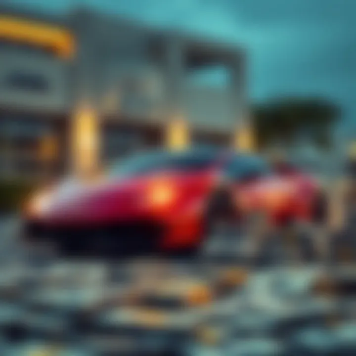 A luxury sports car parked with stacks of cash around it, symbolizing unexpected funding and financial contributions.