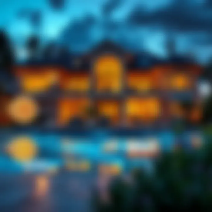 Luxury Home with Cryptocurrency Symbols A luxury home with cryptocurrency symbols in the foreground, illustrating the connection between crypto and real estate transactions.