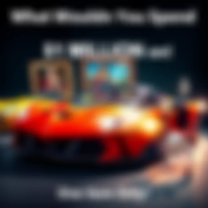 Luxury item worth a million dollars A collage of luxury items such as a sports car, a painting, and a diamond ring, representing dreams of high-value purchases.