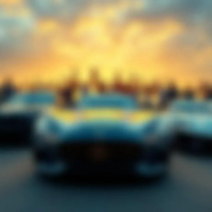 A group of people celebrating with luxury cars and $POWSCHE tokens, showcasing a vibrant community atmosphere.