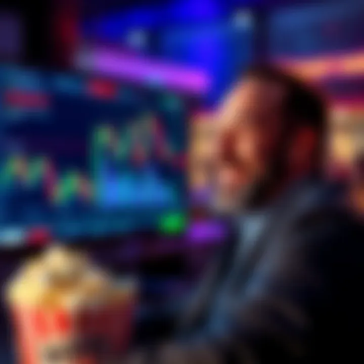 M. Saylor smiling while watching a crypto market chart on a screen, with popcorn in hand