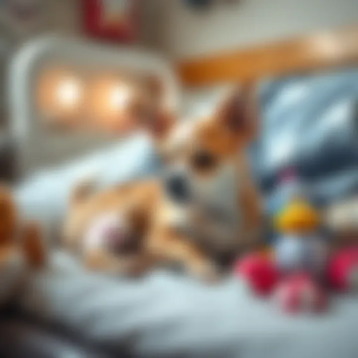 Mae Mae, a small dog, lying on a soft bed with her leg bandaged, looking sad after tearing her ACL, surrounded by toys and a cozy blanket.