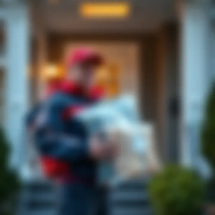 Mailman with Transparent Packages A mailman stands at a house holding unusual transparent packages, looking curious.