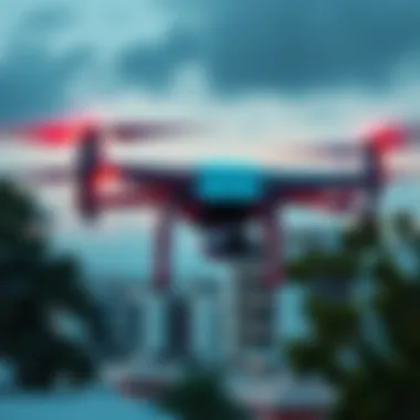 A drone scanning the sky to locate Bitcoin thieves, using heat signature technology against a backdrop of trees and buildings.