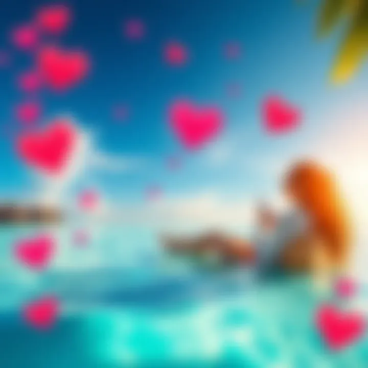A couple relaxing on a beach in the Maldives during Valentine's Day with tropical scenery and a heart symbol in the sky.