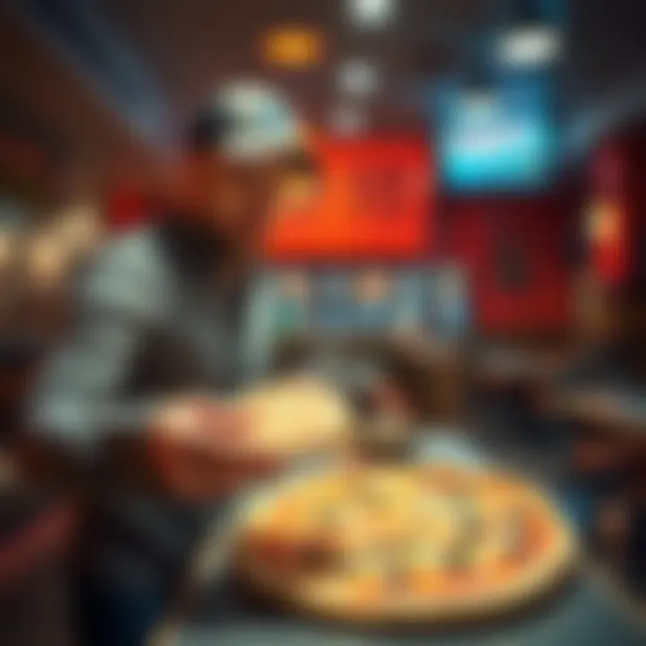 A man in a restaurant handing over Bitcoin for a large pizza