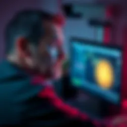 A man looks concerned while viewing CCTV footage, with a computer showing a Bitcoin wallet in the background.