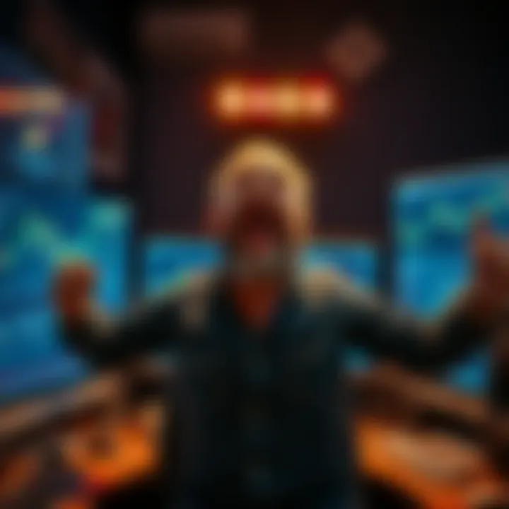 A man joyfully celebrating after recovering Bitcoin with the help of an AI chatbot. He is surrounded by computer screens showing Bitcoin charts and his old college file.