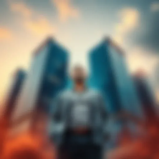 A confident man with a determined look stands in front of modern corporate buildings, symbolizing freedom and innovation