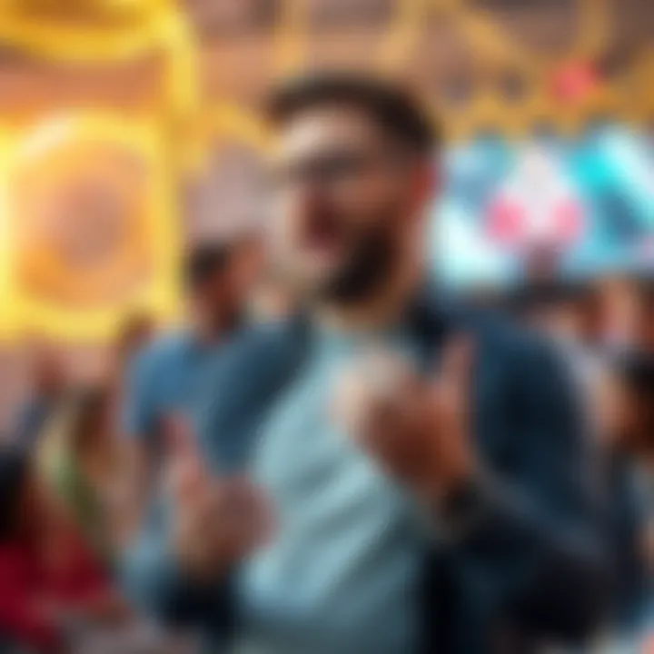 A man passionately sharing his thoughts about a viral video, with a backdrop of lively discussion and reactions on social media.