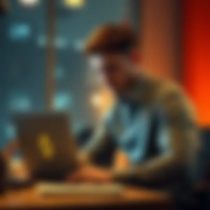 A man sitting at a desk, looking frustrated while trying to access Binance on his laptop after moving to the Netherlands.