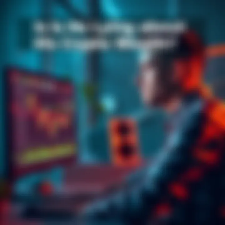 A man questioning the truth of a friend's crypto wealth, examining a trading portfolio on his computer.