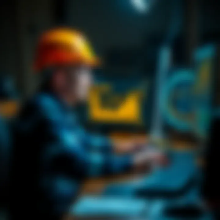 Man mining Bitcoin at a desk A man with a hard hat sits at a desk, focused on a computer screen showing Bitcoin graphics, symbolizing his transition from roadwork to cryptocurrency mining.