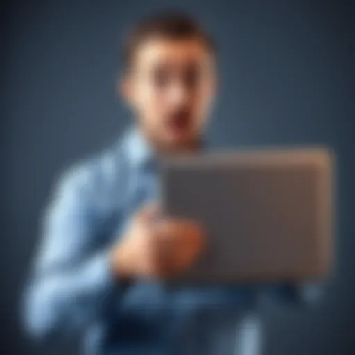 A man holding an old Toshiba laptop looks surprised as he realizes he has found a lost Bitcoin wallet containing 0.1 BTC.