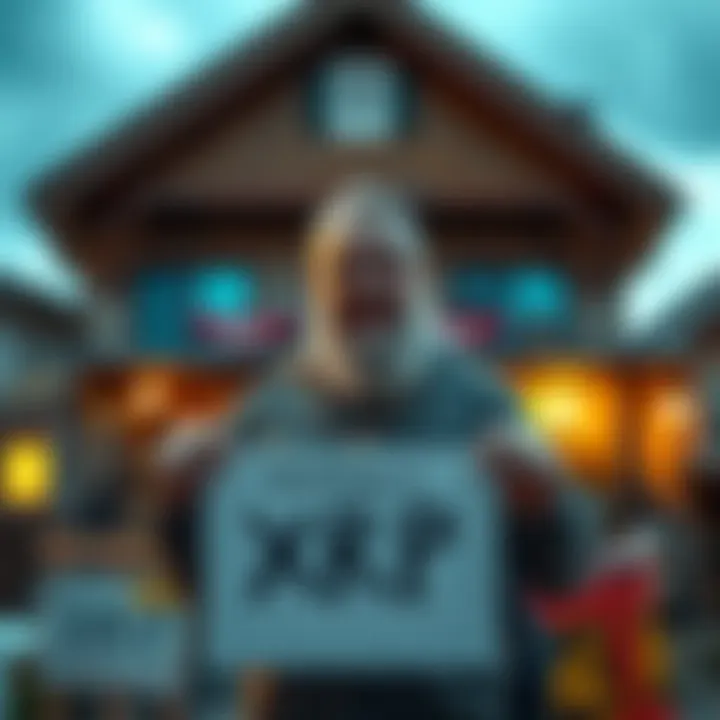 A man sells his house and belongings, holding a sign that says 'Investing in XRP'.