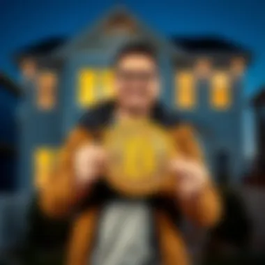 Man selling Bitcoin A man stands in front of a newly renovated house, holding a Bitcoin symbol with a smile, showcasing his financial decision.