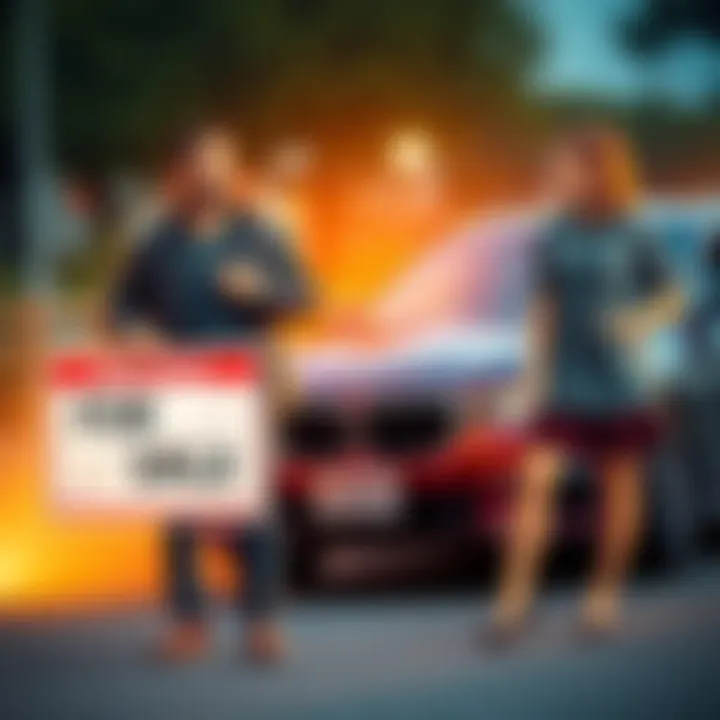 A man stands next to a car with a 'For Sale' sign, holding a cryptocurrency chart, while his worried wife looks on.