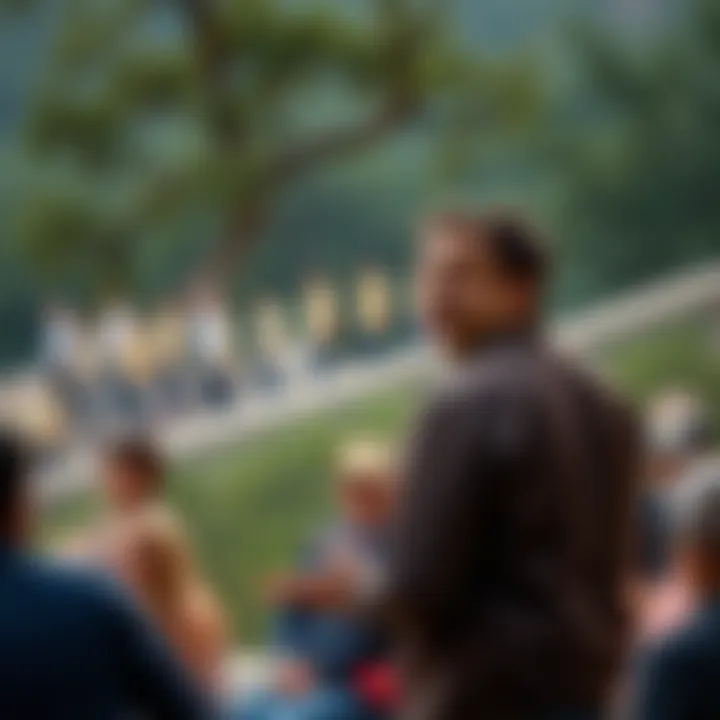 A man stands confidently, speaking to an engaged audience about meaningful living, with a backdrop of nature.