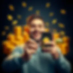 Man with Bitcoin A delighted man holding a smartphone displaying Bitcoin wallet, with a backdrop of gold coins and cash, symbolizing newfound wealth