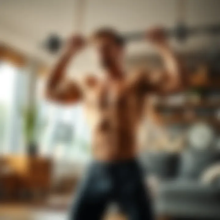 A young man performing strength exercises at home using his body weight