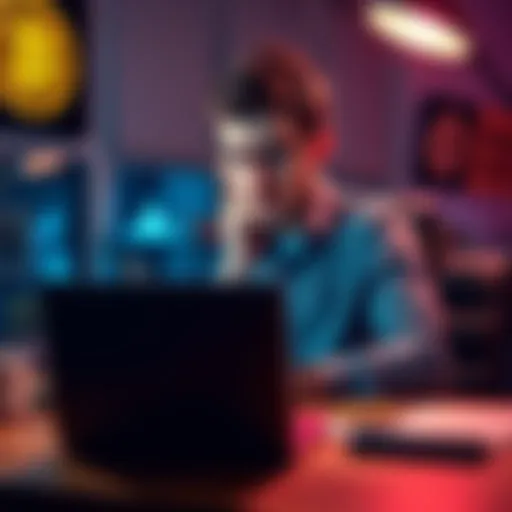 A man sits at a desk with a laptop, looking frustrated while trying to remember his Bitcoin wallet password.