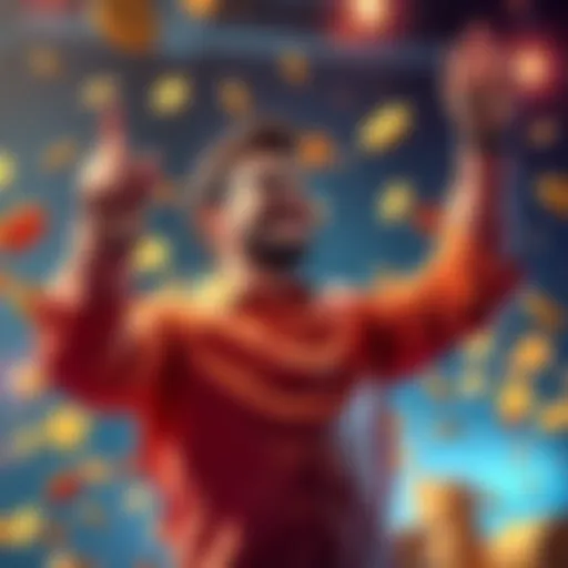 A person joyfully celebrating after reaching 7 million tokens, surrounded by digital tokens and a hopeful expression, looking forward to future possibilities.