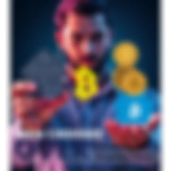 A man holding a digital wallet symbol with a house on one side and cryptocurrency symbols on the other, symbolizing his choice in divorce.