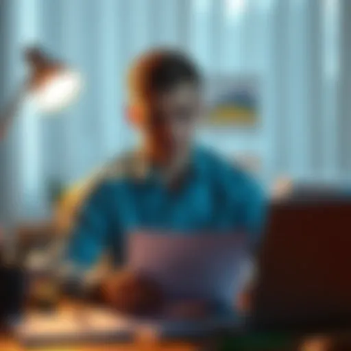 A young Polish man sitting at a desk, surrounded by financial documents and a laptop, looking conflicted about his decisions on financial independence and mental health.