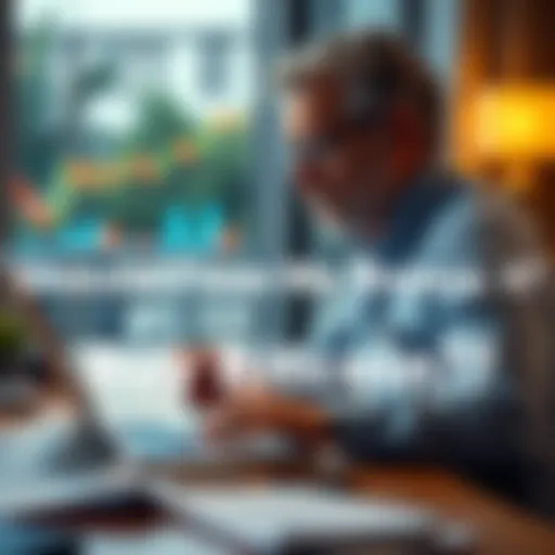 A man in his late 40s sitting at a table, looking thoughtfully at a laptop screen showing Bitcoin charts, with a notepad and pen beside him.