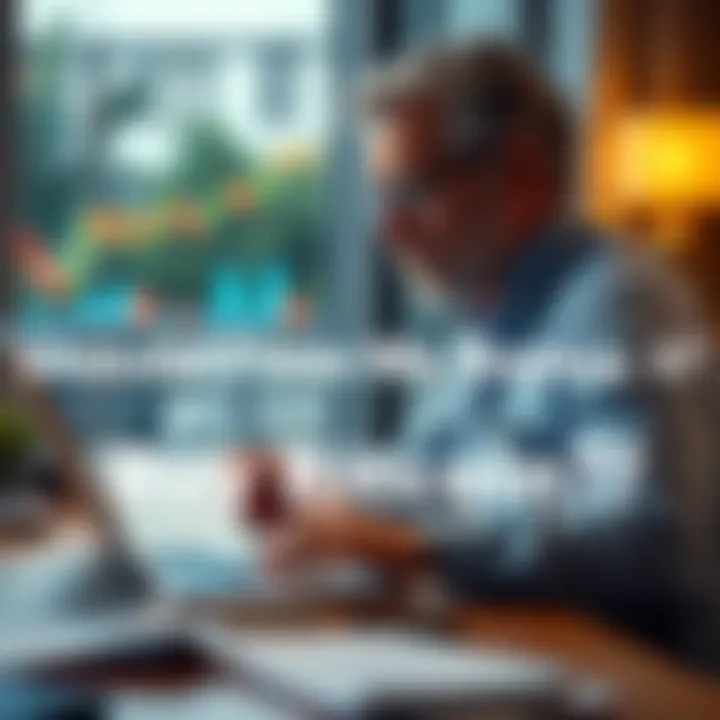 A man in his late 40s sitting at a table, looking thoughtfully at a laptop screen showing Bitcoin charts, with a notepad and pen beside him.