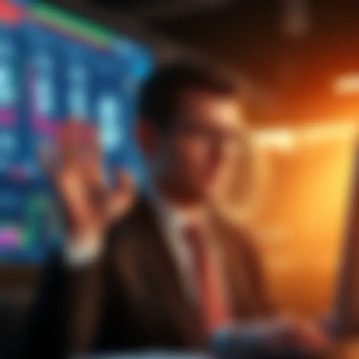 A man in a suit looking at a computer screen with money symbols, representing a financial scam.