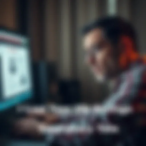 A man looks worried while looking at his computer, showing a phishing scam notice on the screen