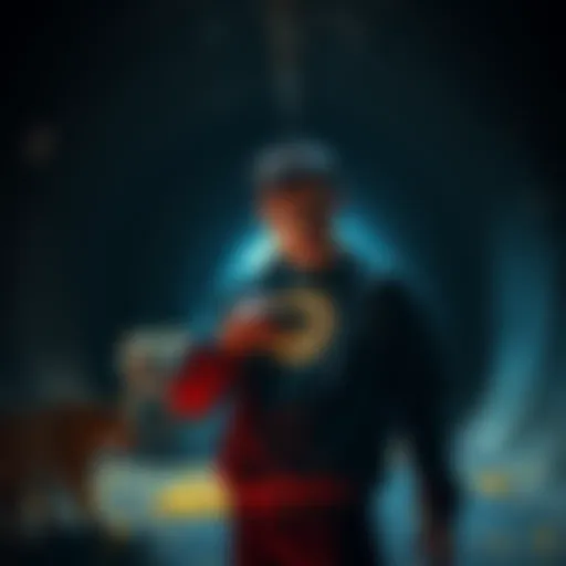 Man with flashdrive in a tunnel A man holding a flashdrive stands at the entrance of a dark tunnel, with shadows of tigers lurking nearby.