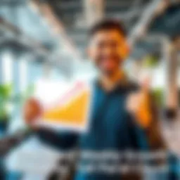A man with a big smile holding a chart showing significant growth in a vibrant office setting.