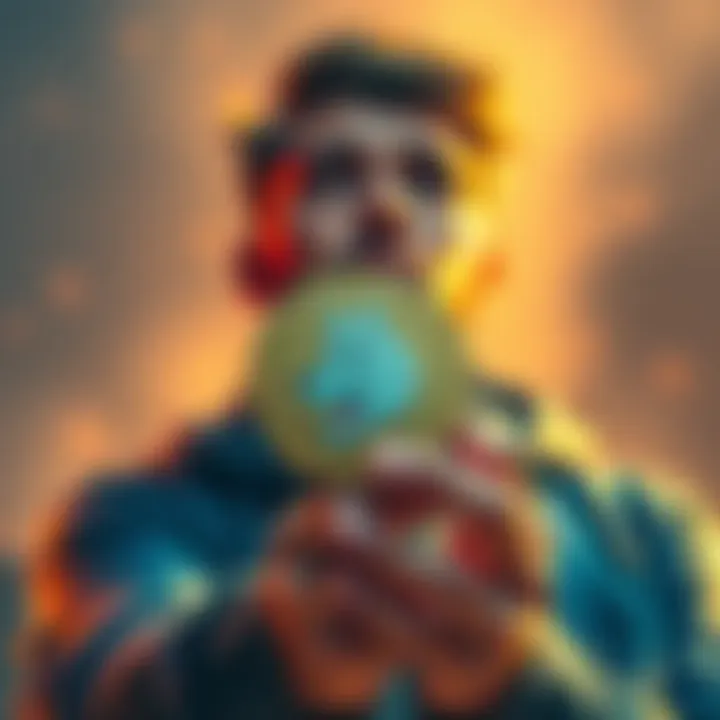 Man Holding Dogecoin Token A man looks hopeful while holding a Dogecoin token, envisioning a price rise.