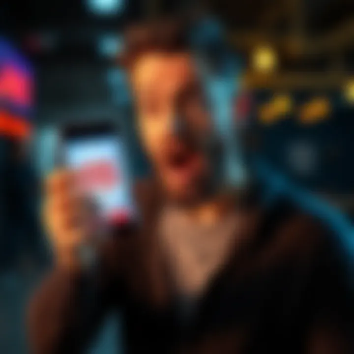 A man looking shocked as he holds a smartphone displaying a fraudulent Ledger Wallet app