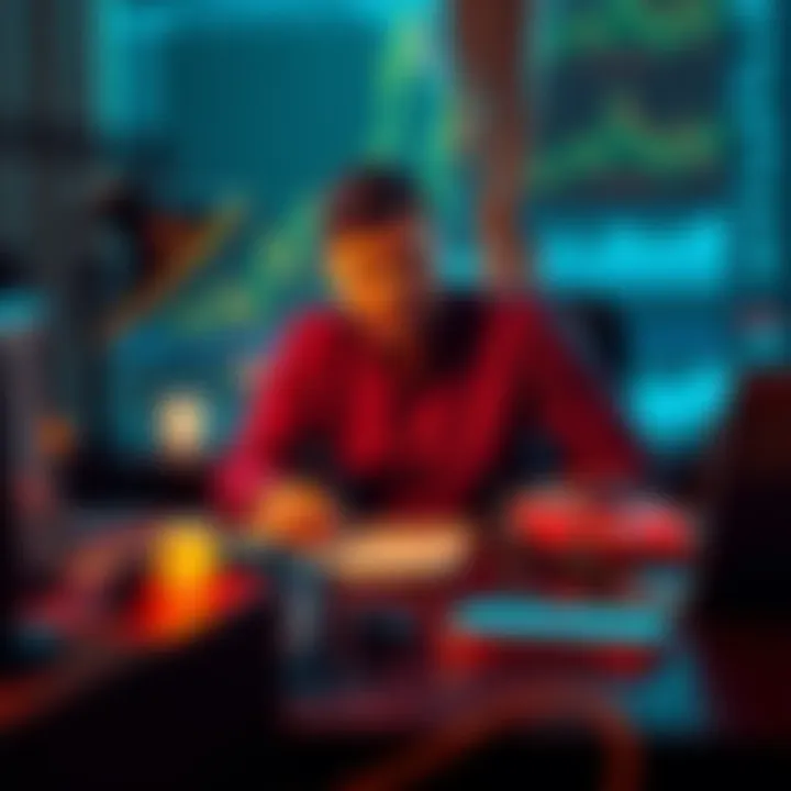 A man sitting at a desk looking at financial charts and a toy car, contemplating investing money in cryptocurrency instead of buying a new car.