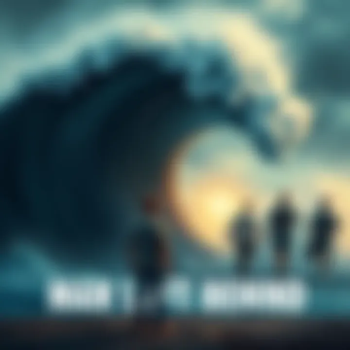 Man Left Behind A man stands alone, watching as others rush towards a big wave symbolizing success, looking frustrated and hopeful for support.