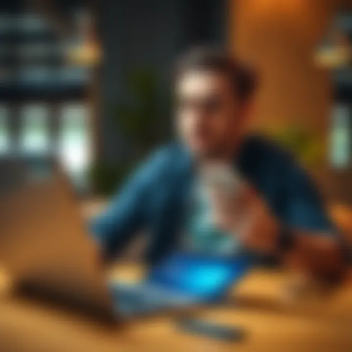 A man looking stressed while holding a phone, thinking about how to recover his lost seed phrase for cryptocurrency, with a laptop featuring a digital wallet on the table