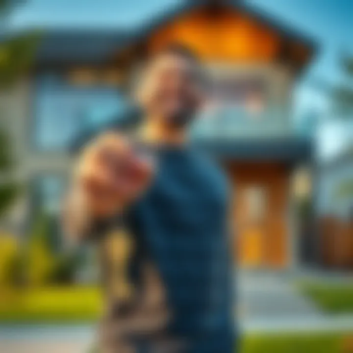 A 35-year-old man joyfully holding a house key, symbolizing financial independence after selling Bitcoin, with a modern home in the background.