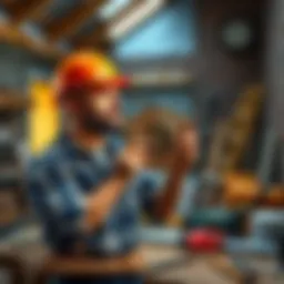 A man in a construction hat holding a Bitcoin symbol while overseeing home renovations. Tools and construction materials are visible around him.