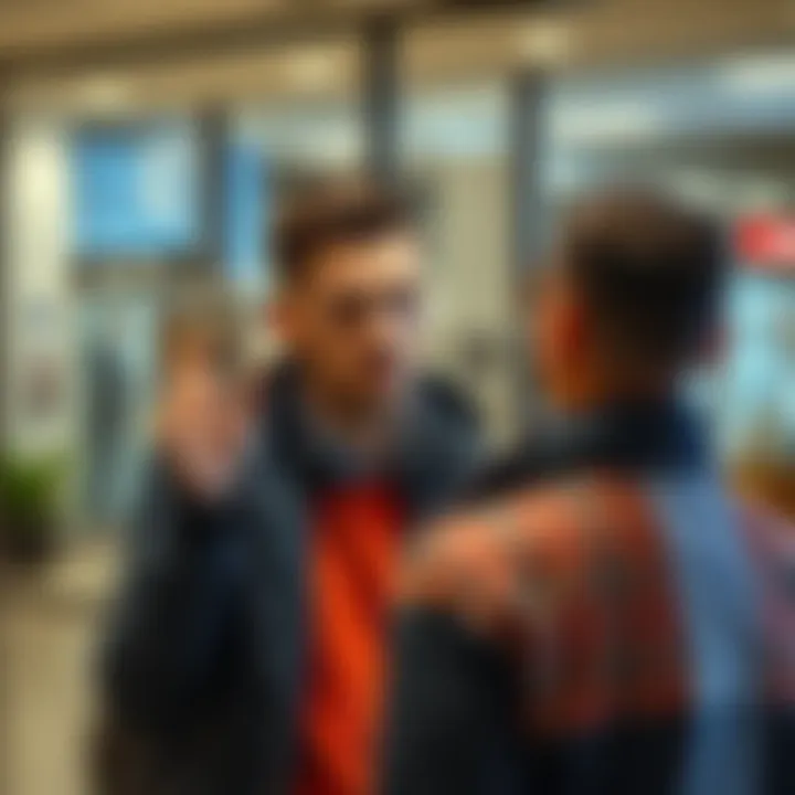 A man looking suspicious as he approaches another man with a dollar bill in hand, attempting to scam him for five dollars.